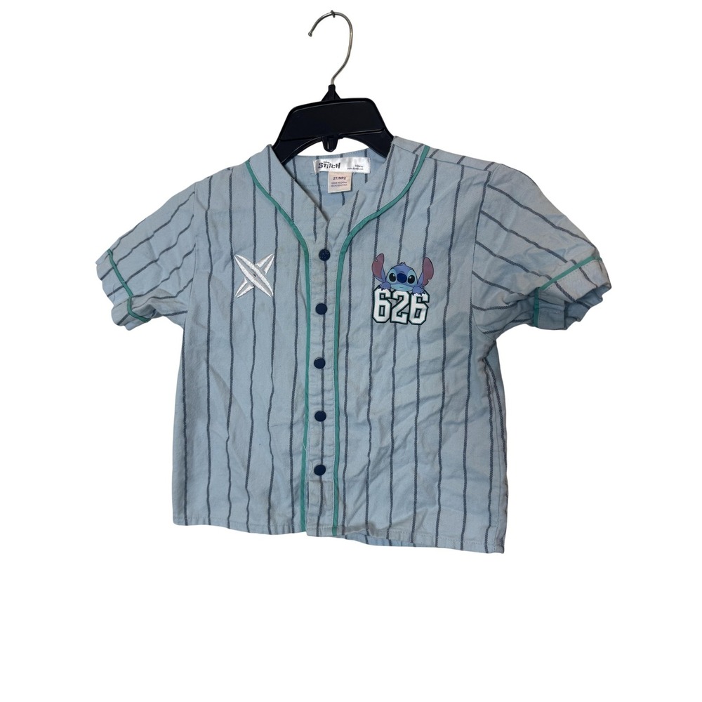 Disney Stitch Shirt Boys 2T Blue Stripe Button Up Short Sleeve Graphic Top